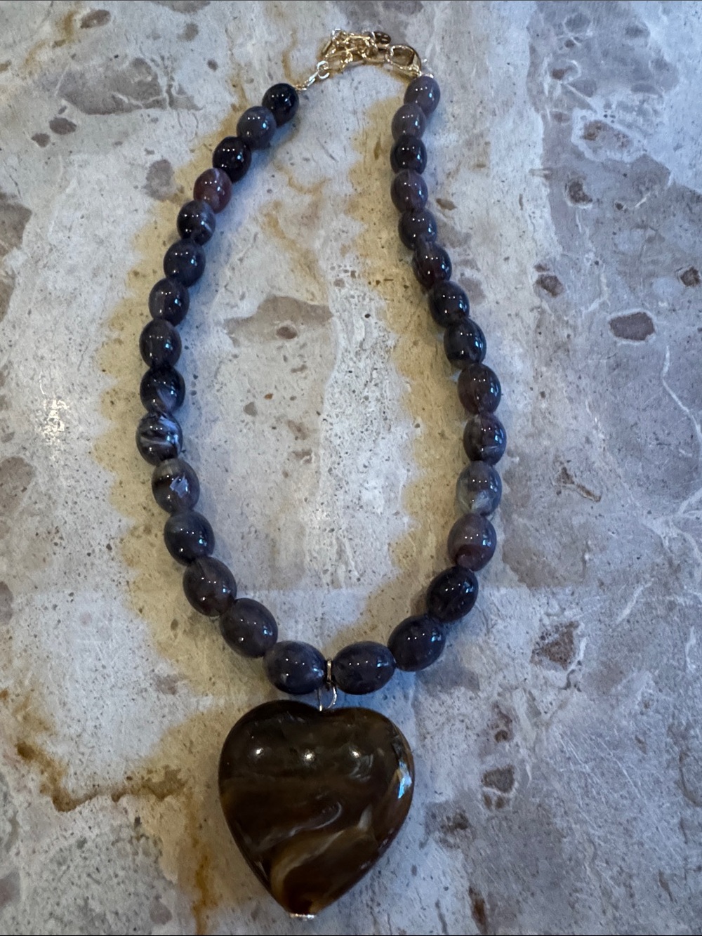 Stone Gray Bead Necklace with Brown Heart Pendant - Women's Jewelry